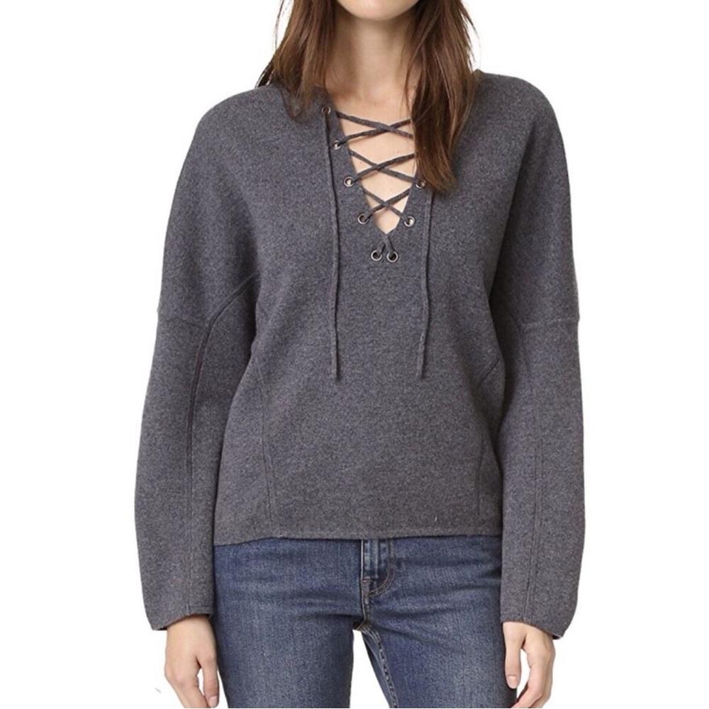 Vince Gray Wool Cashmere Lace Up Sweater Size XS Neutral Knit Designer Warm